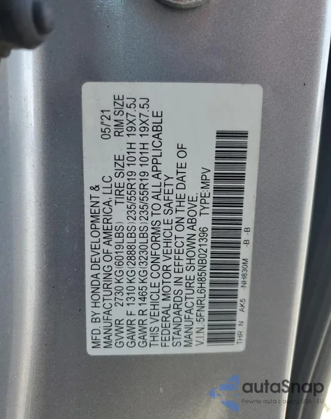 2022 Honda Odyssey Touring из США, поврежденный, VIN 5FNRL6H85NB021396